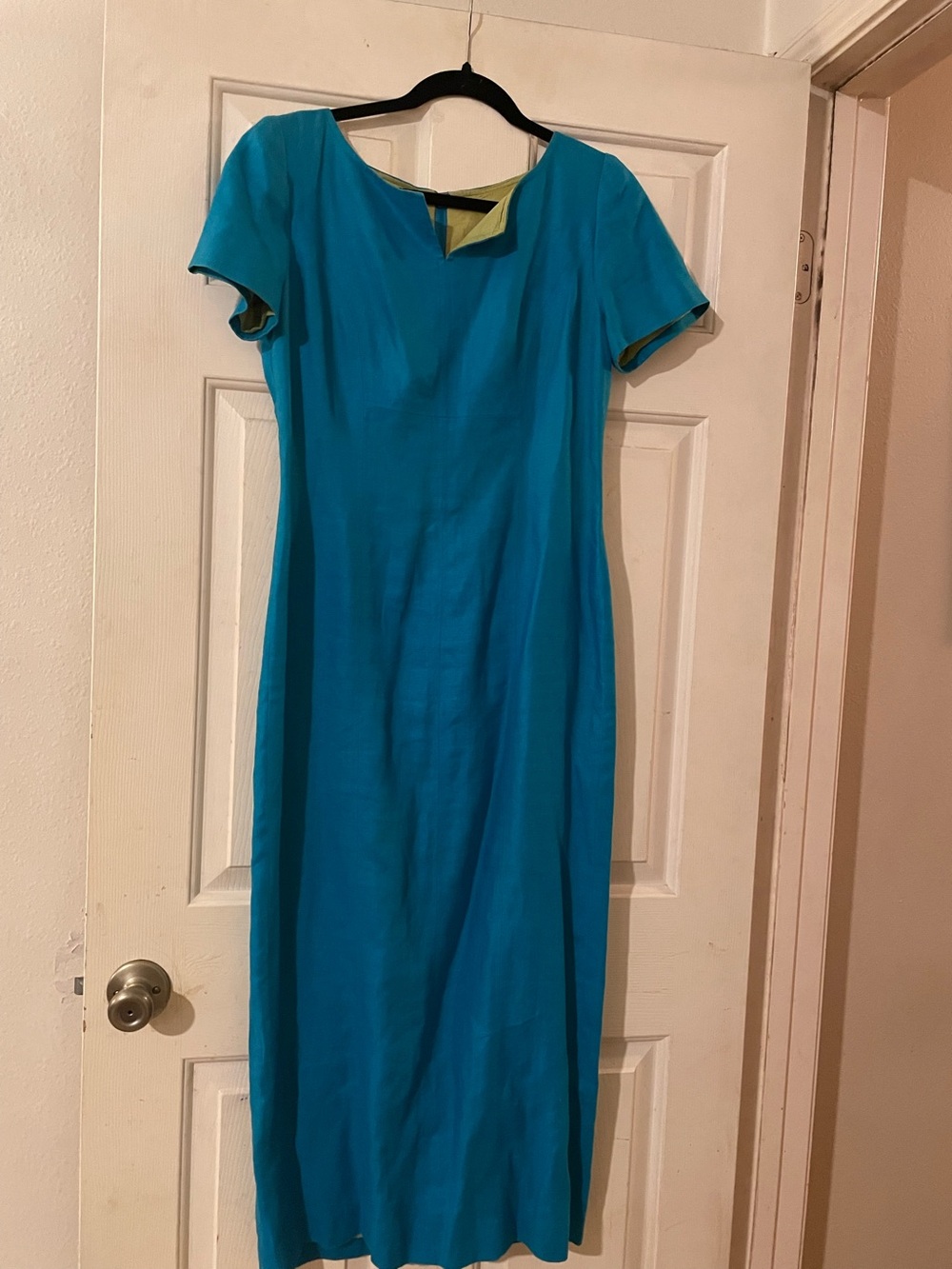 Vintage Maggy London 100 Linen Electric Teal Turquoise Lined Sheath Dress 6